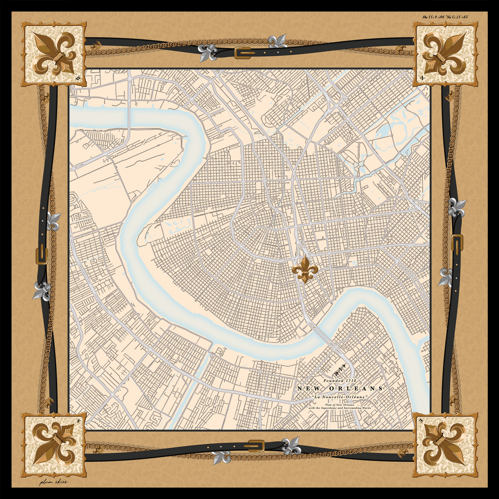 This iconic scarf embodies both the spirit of the city of New Orleans and the love of our football team in one perfectly set scene. Bold black leather belts and gold chains frame the city map as our beloved fleur-de-lis sits right at the heart of it all! Hand rolled edges.The unmistakable gold and black border truly elevates this one of a kind piece. Pre order now for a late October delivery date.
100% Silk Twill 22X22 in.
 Made in France 
