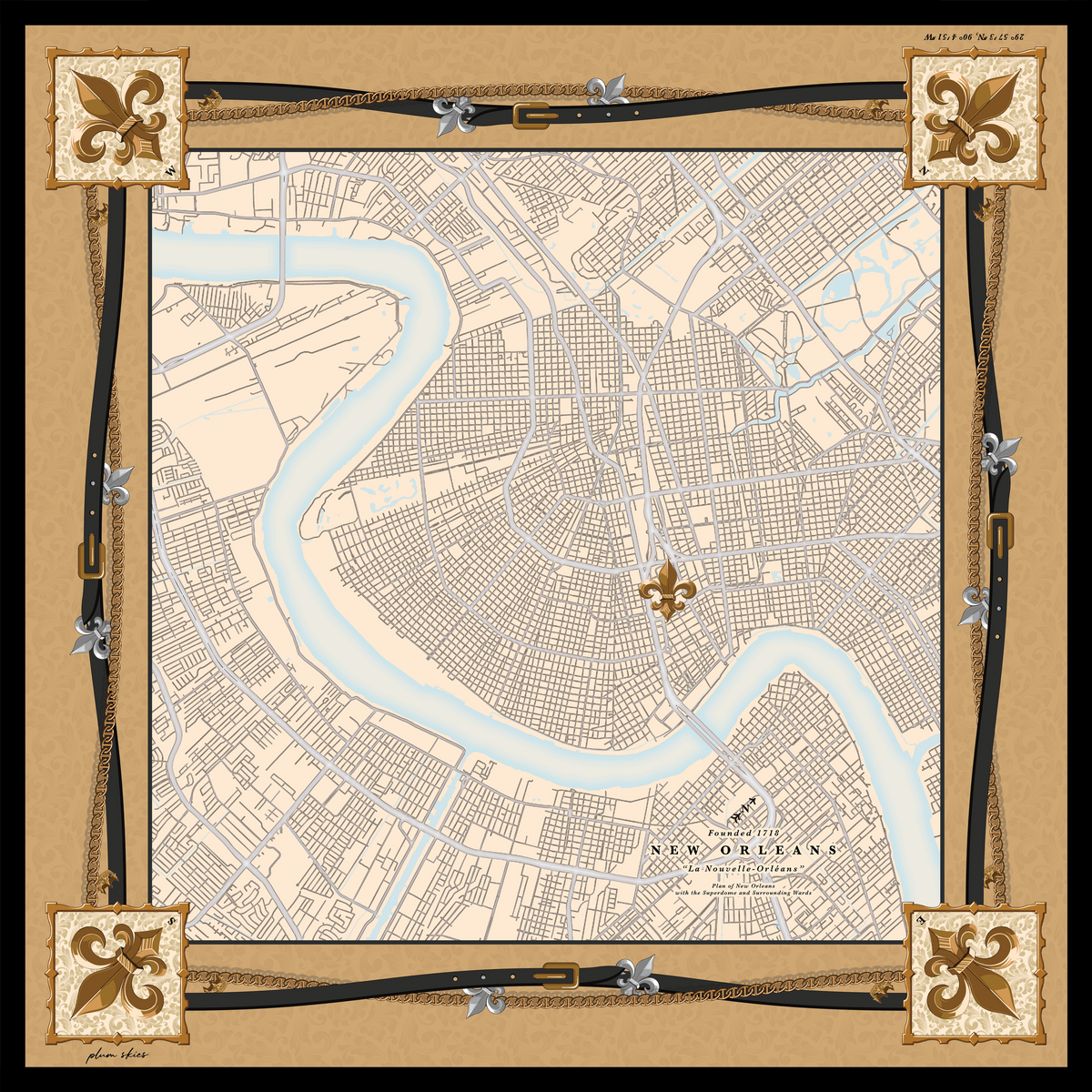 This iconic scarf embodies both the spirit of the city of New Orleans and the love of our football team in one perfectly set scene. Bold black leather belts and gold chains frame the city map as our beloved fleur-de-lis sits right at the heart of it all! Hand rolled edges.The unmistakable gold and black border truly elevates this one of a kind piece. Pre order now for a late October delivery date.
100% Silk Twill 22X22 in.
 Made in France 