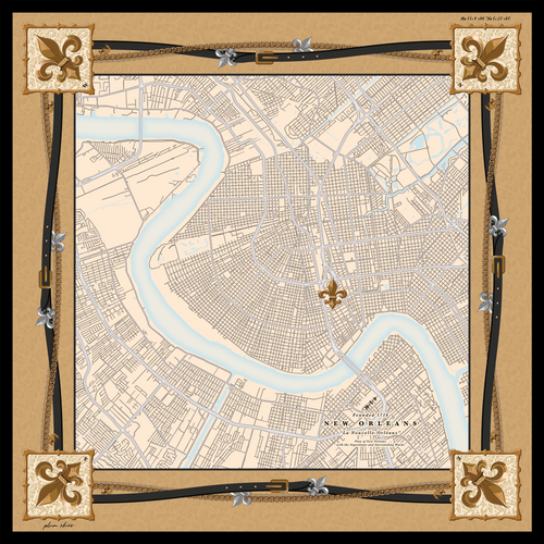 This iconic scarf embodies both the spirit of the city of New Orleans and the love of our football team in one perfectly set scene. Bold black leather belts and gold chains frame the city map as our beloved fleur-de-lis sits right at the heart of it all! Hand rolled edges.The unmistakable gold and black border truly elevates this one of a kind piece. Pre order now for a late October delivery date.
100% Silk Twill 22X22 in.
 Made in France 